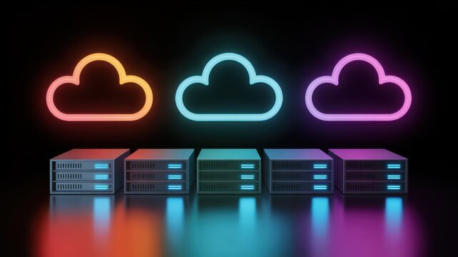 Cloud Data Hub: A futuristic digital artwork depicts a vibrant cloud data hub, symbolizing the storage and processing of information within a network. The design features illuminated cloud icons.