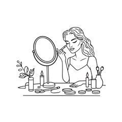 Black and white line art of a beautiful woman doing makeup at dressing table with mirror illustration