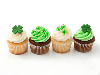 Four st patrick's day cupcakes with green shamrocks and frosting on a white surface in a row