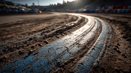 Gritty race track surface with tire tracks and blurred background scenery