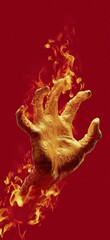 Golden hand with rising flames on red minimalist Chinese background with flowing fabric effect, symbolizing energy, power, spirituality, mysticism, tradition, elegance, and modern artistic concept.