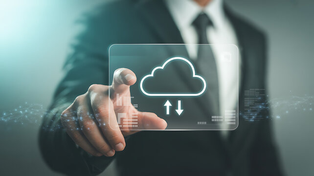 Businessman interacting with holographic cloud storage interface representing digital data upload and download technology and smart connectivity