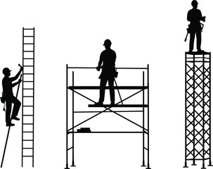 Construction workers on scaffolding, climbing ladder, tool belt, silhouette illustration for industrial labor, building safety, engineering site, vector content for Adobe Stock