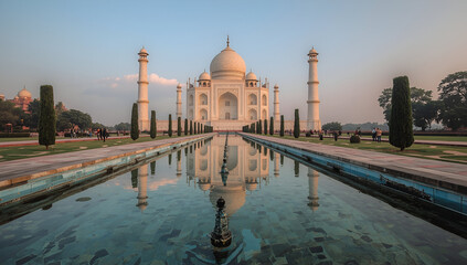 Naklejka premium Majestic sunrise at the taj mahal agra architectural beauty tranquil setting wide view symbol of love