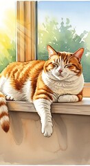 A ginger cat basks in the warm sunlight streaming through a window, its peaceful expression highlighting the serene atmosphere of a sunny day.