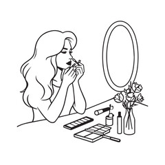 Black and white line art of a beautiful woman doing makeup at dressing table with mirror illustration