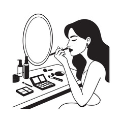 Black and white line art of a beautiful woman doing makeup at dressing table with mirror illustration