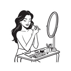 Black and white line art of a beautiful woman doing makeup at dressing table with mirror illustration