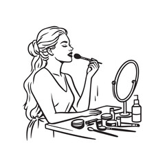 Black and white line art of a beautiful woman doing makeup at dressing table with mirror illustration