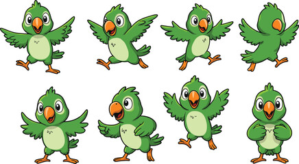Cartoon green parrot character illustration, cute tropical bird mascot design, funny parrot poses, expressive parrot emotions, colorful parrot artwork, exotic animal clipart, vector parrot graphics © Shammi's World