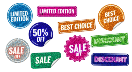 Sparkling sale stickers promote savings with limited edition discounts and best choice dealsisolated on transparent background