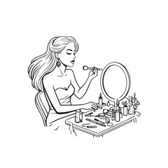 Black and white line art of a beautiful woman doing makeup at dressing table with mirror illustration