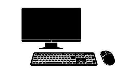 Fototapeta premium Black silhouette icon of a desktop computer with keyboard and mouse.