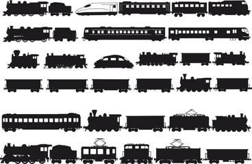 Obraz premium Train silhouette collection, steam locomotives, modern railcars, passenger and freight transport, black vector icons, railway vehicles, editable illustration, transportation history, 