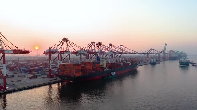 Aerial view of the cargo terminal of Tianjin Port at dusk