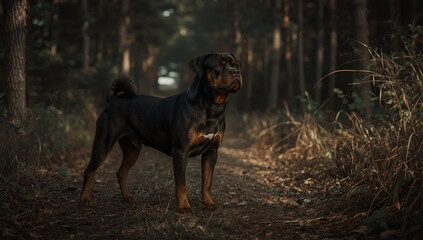 Rottweiler showing confidence in lush forest path nature photography outdoor low angle adventure