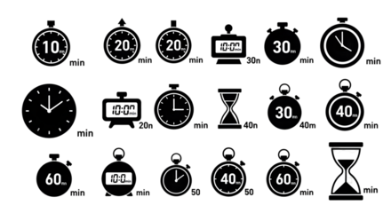 Timeless icons of timekeeping, from stopwatch to hourglass, marking moments and deadlinesisolated on transparent background