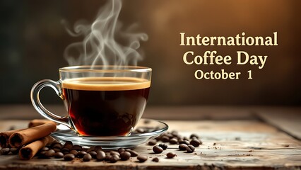 Aromatic black coffee in a clear glass cup with steam, cinnamon sticks, and roasted coffee beans on wooden table, featuring text International Coffee Day October 1