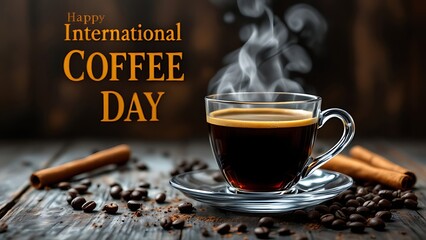 Aromatic black coffee in a clear glass cup with steam, cinnamon sticks, and roasted coffee beans on wooden table, featuring text International Coffee Day October 1