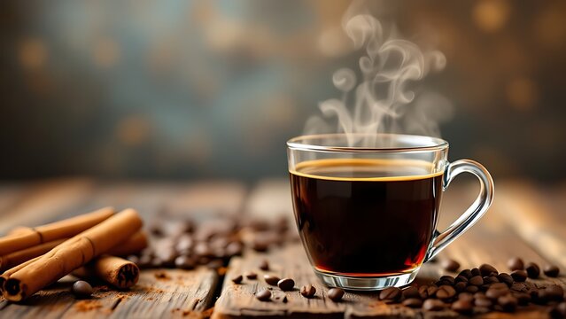Aromatic black coffee in a clear glass cup with steam, cinnamon sticks, and roasted coffee beans on wooden table, featuring text International Coffee Day October 1