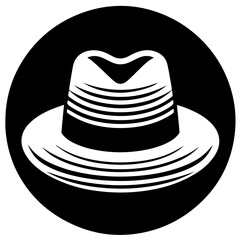 Illustration of a white fedora hat with black band and horizontal stripes on a black circular background