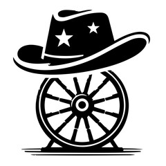 Black and white drawing of a cowboy hat with stars on top of a wagon wheel with spokes design element