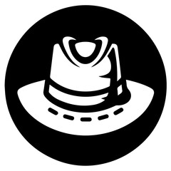 Illustration of a white fedora hat with a black band inside a black circle background design element