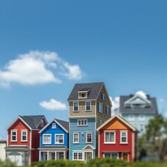 Stacked colorful houses represent concepts of real estate, mortgage, and home ownership.