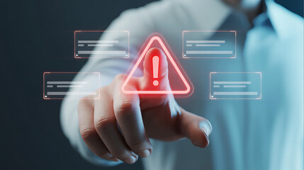 Hand pressing holographic red alert triangle warning symbol representing cybersecurity threats and system errors in a digital environment