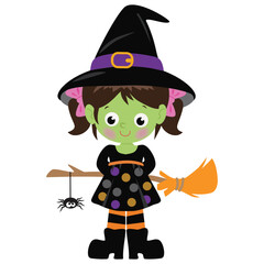 Cute little  witch girl  vector cartoon illustration