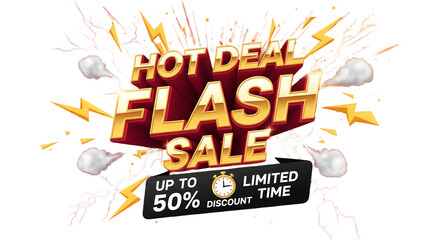 Hot deal flash sale event, limited time offer, up to 50% discount, exciting promotionisolated on transparent background