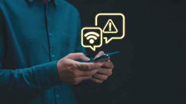 Wireless Warning: A modern individual in a relaxed state holds a smartphone, overlaid with digital alerts, that communicate warning signals regarding connection and security.