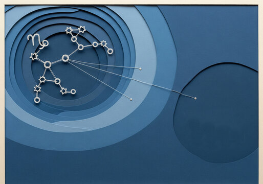 Capricorn constellation shining brightly against layered blue paper backdrop, symbolizing astrology and zodiac signs with a celestial and artistic mood.