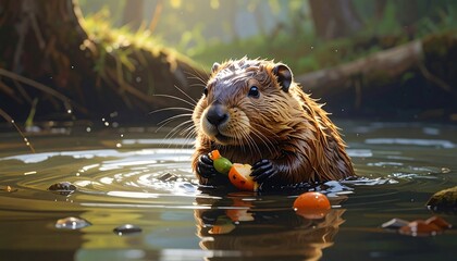 A captivating image of a beaver happily enjoying a meal in a serene forest stream.