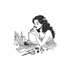 Black and white line art of a beautiful woman doing makeup at dressing table with mirror illustration