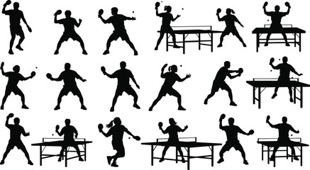 Table tennis silhouettes, ping pong players, sports action icons, dynamic poses, racket movement, athletic stances, black figures, competitive play, agility, precision, motion graphics