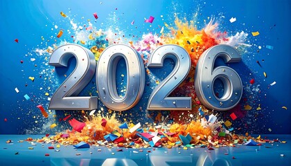 A celebratory graphic design showcasing the year 2026, immersed in a vibrant explosion of colorful confetti and paint splatter, against a striking blue background.