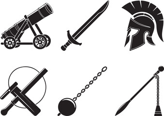Ancient weapons: cannon, sword, helmet, mace, spear
