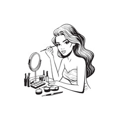 Black and white line art of a beautiful woman doing makeup at dressing table with mirror illustration