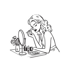 Black and white line art of a beautiful woman doing makeup at dressing table with mirror illustration