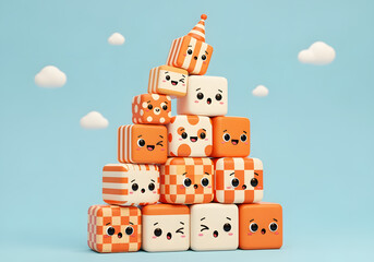 Stack of Whimsical Cube Characters in Orange and White
