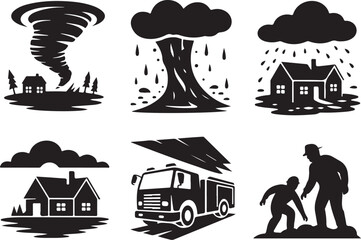 Disaster icons show crisis, help, and emergency response
