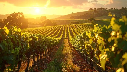 Fototapeta premium Golden Vineyard Landscape with Sunset Light and Rolling Hills Tranquil Scene Cinematic View and Warm Hues