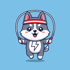 Cute cartoon husky puppy jumping rope, fitness.