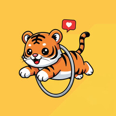 A cute cartoon tiger jumping through a hoop with a heart icon above its head.