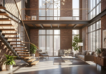 Sunlit Modern Loft Interior with Staircase and Large Windows