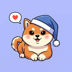 Cute cartoon Shiba Inu dog wearing a blue sleeping cap, lying down, with a heart-shaped thought bubble.