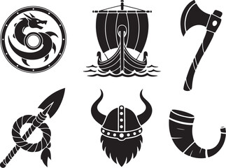 Viking icons set: ship, axe, helmet, shield, spear, horn