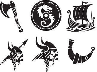 Viking warrior symbols axe shield ship horn icons