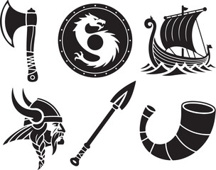 Viking warrior symbols axe ship shield horn spear